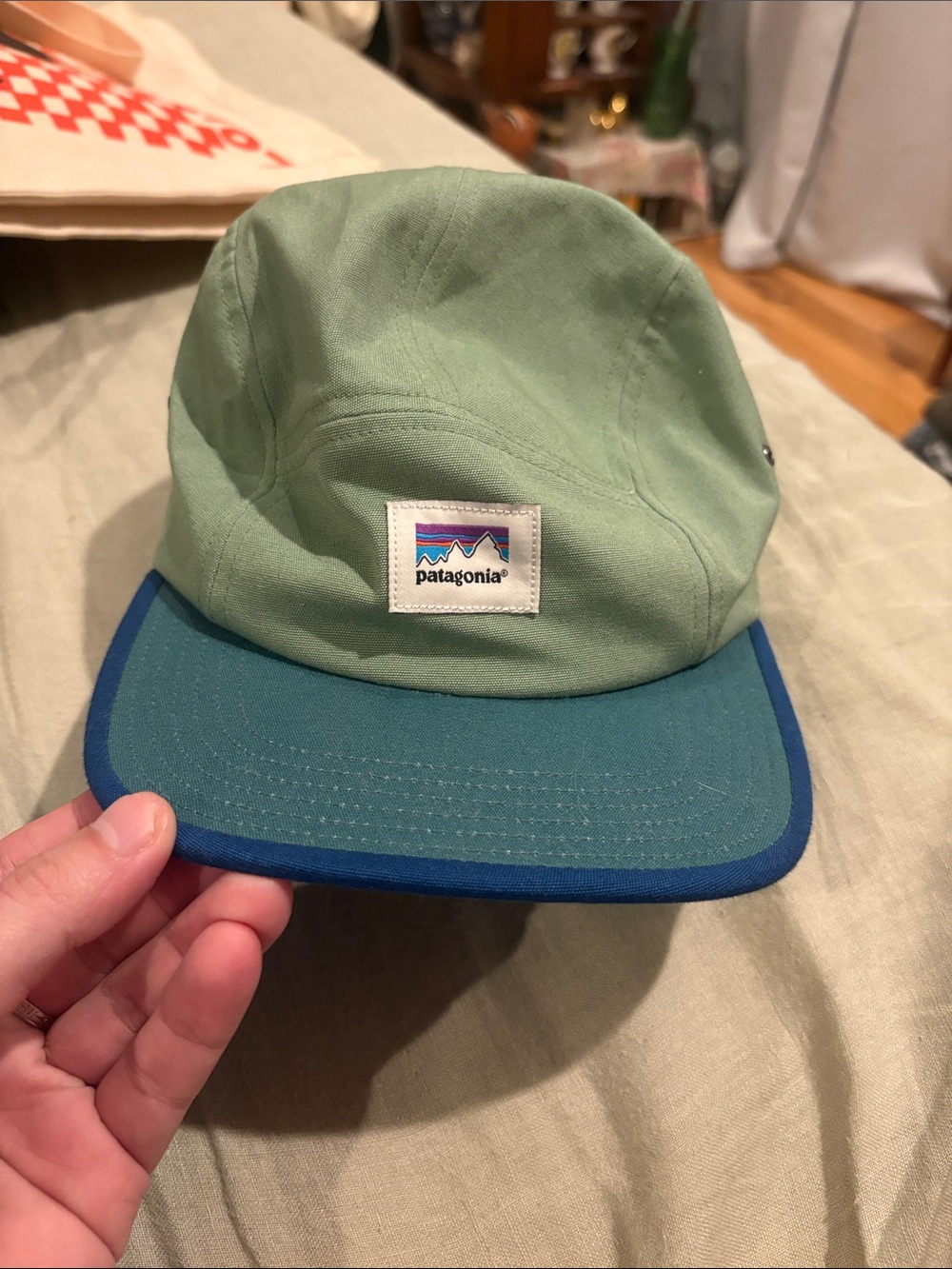 Patagonia Sage Green & Teal 5-Panel Camp Hat with Blue Trim NWT